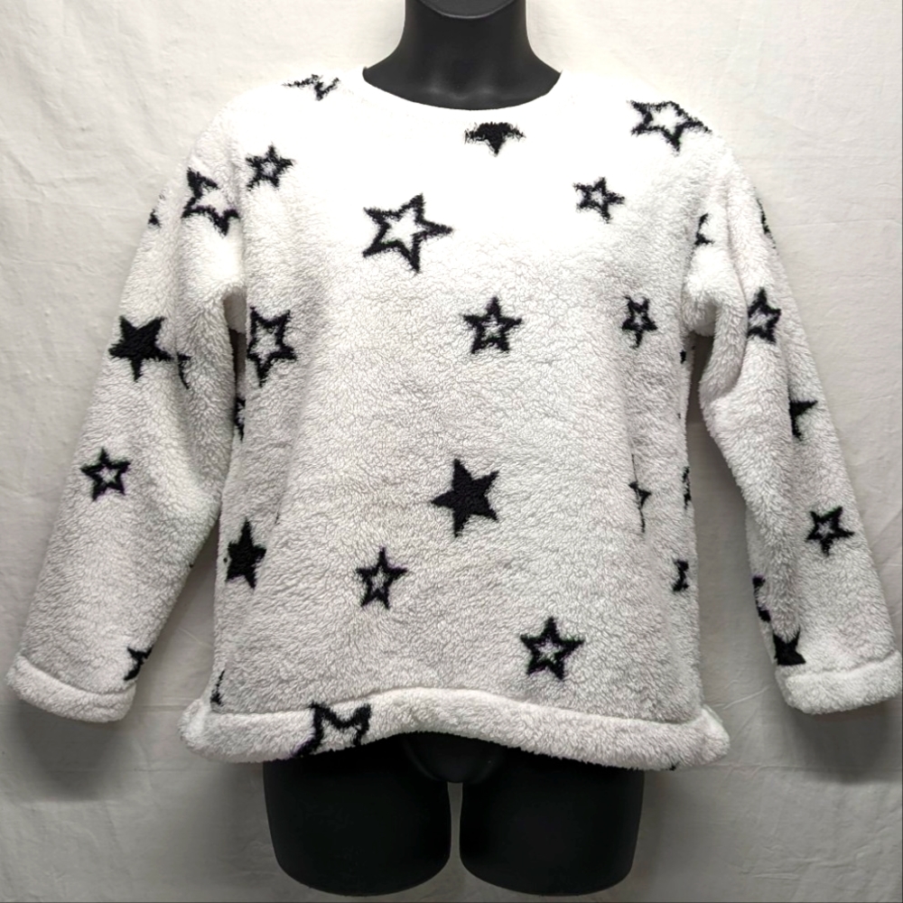 LOFT Sherpa Fleece Sweater White with Black Stars - Extremely Soft - Like New